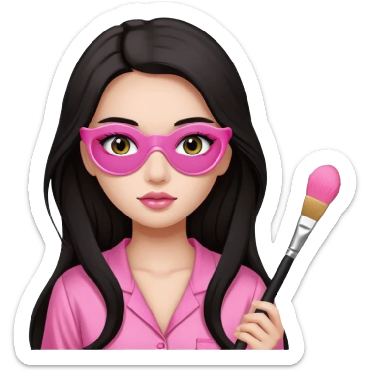 Dark long hair girl wearing pink victorias secret sleepwear is holding a makeup brush she also has eye patches white sticker