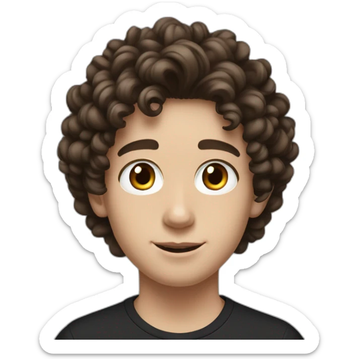 a white teenager boy with big brown eyes and middle partedlong coiled curly brown hair, wearing a black t-shirt with white airpods sticker