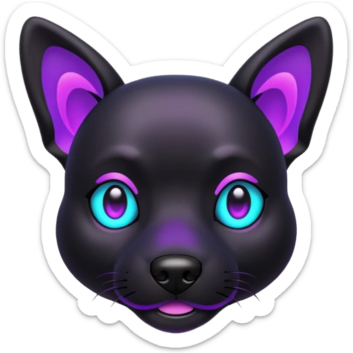 futuristic glowing black dog emoji, neon cyan eyes, purple #8B5CF6 highlights, tech minimal style, dark background sticker