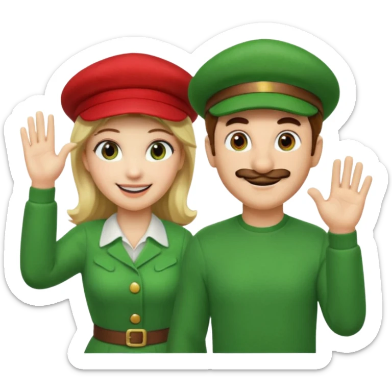 blonde female Luigi (with the Luigi green hat) and a normal brown hair male Mario with the red hat. They are friends! Maybe highfiving or just smiling sticker