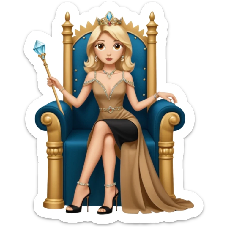 Lilith symbol light brown eyes. Woman of justice and power. Shoulder  length blonde haired  woman with Gucci, and designer bags next to her. Wearing long elegant dress with slit, sitting on a throne and diamonds everywhere around her. Black Platform high heels on feet. designer bags around her.  sticker