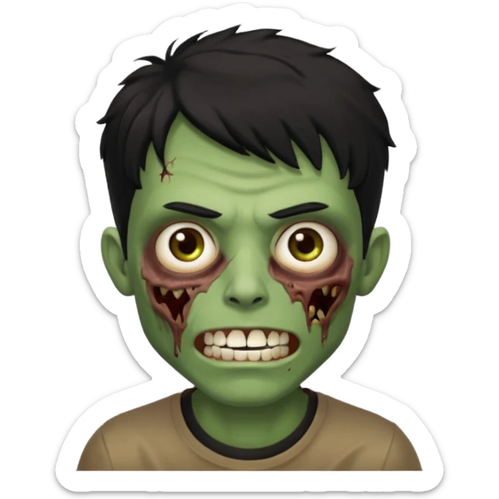 zombi emoji man with a fringe wavy medium black hair, mouth with a white teeth, nose, eyes brown, brown eyebrow, green skin, black shirt sticker