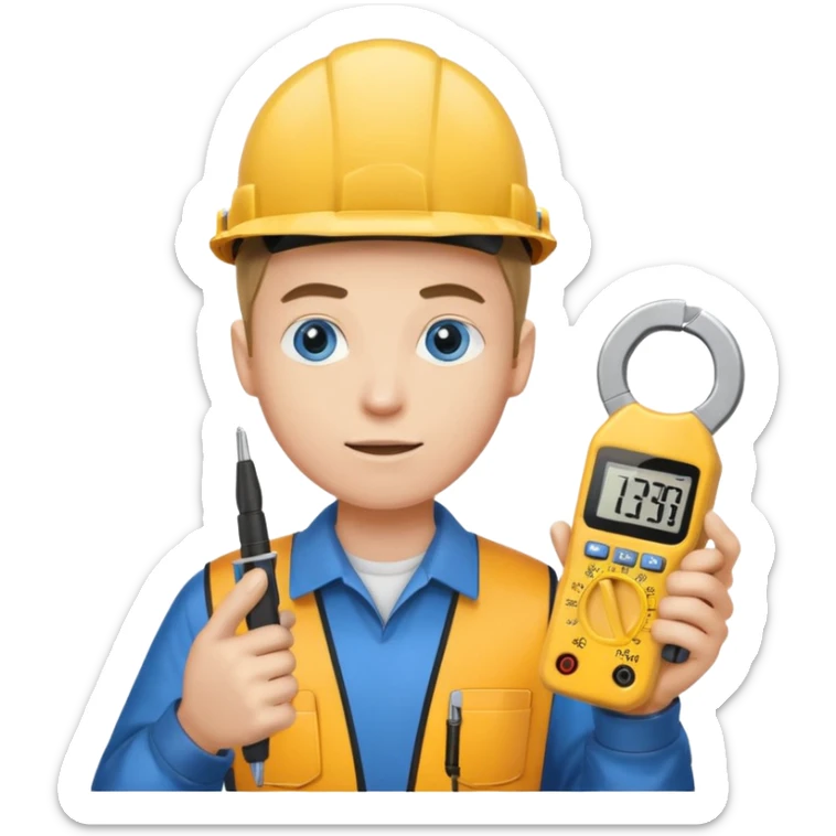 La tercera imagen pero ojos azules, y que lleve en manos una pinza amperimetrica sticker