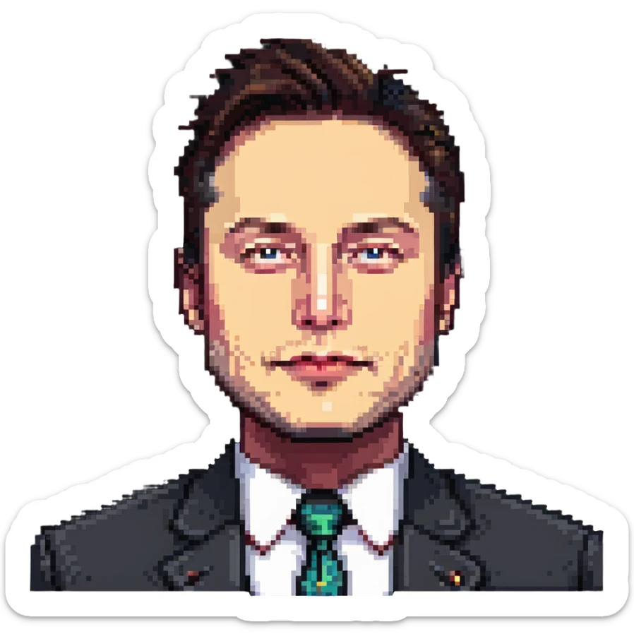 Elon Musk, simplified facial features, iconic hairstyle, business attire, pixelated look sticker