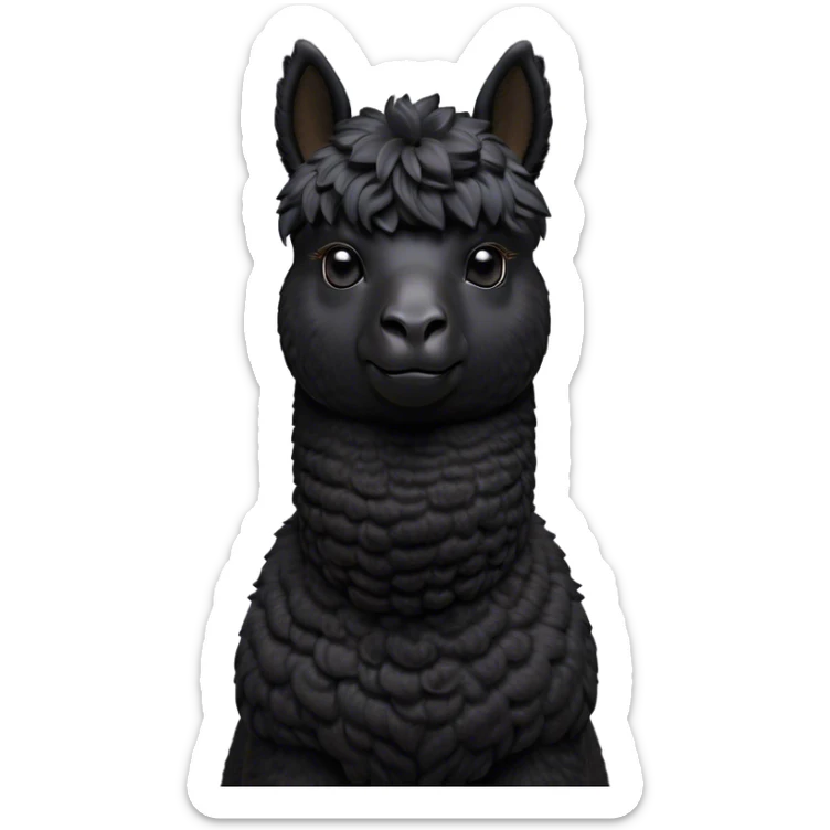 Cinematic Noble Black Alpaca Portrait Emoji, Poised and regal, with a striking, sturdy build and a sleek, well-groomed jet-black fleece, deep-set soulful dark eyes, Simplified yet sharp and sophisticated features, highly detailed, glowing with a soft, dignified glow, high shine, intelligent and mysterious, stylized with an air of elegant austerity, focused and attentive, soft glowing outline, capturing the essence of a watchful and confident companion, so majestic it feels as though it could stride out of the screen with effortless authority! sticker