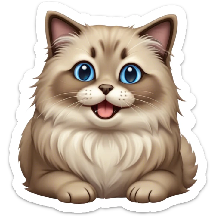 Cinematic Adorable Fluffy Brown Seal Ragdoll Cat Portrait Emoji, Head tilted cutely with big, sparkling blue eyes, soft brown seal-colored fur with darker points on the ears, face, and paws, Simplified yet irresistibly adorable features, highly detailed, glowing with a soft, warm glow, high shine, yawning in a peaceful and playful manner, stylized with a touch of whimsy, bright and endearing, soft glowing outline, capturing the essence of a relaxed and loving kitten, so cute it feels like it could leap out of the screen and stretch into a cozy nap! sticker
