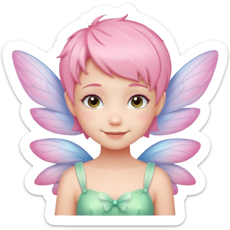 A tiny pastel fairy with pink short hair with glowing wings and a sweet smile  sticker