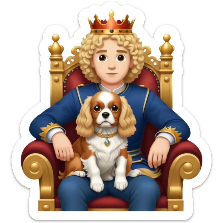 22 years old man blonde curly hair with a King Charles spaniel on his lap on a throne sticker
