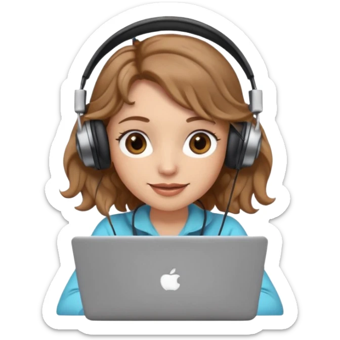 Women in front of laptop with a happy face, light brown wavy hair, light brown big eyes, light skin with a iced coffee on the side sticker