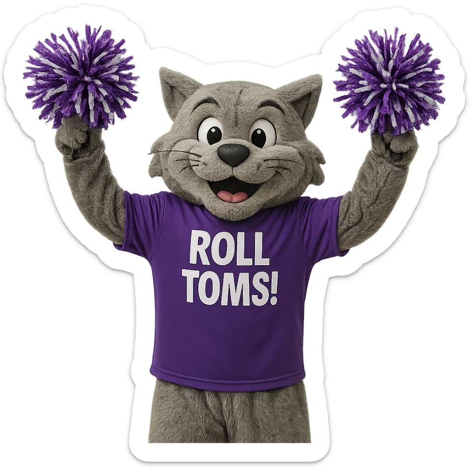 University of St. Thomas mascot Tommie the Tomcat, wearing a purple shirt with 'Roll Toms!' text, cheering with pom-poms sticker
