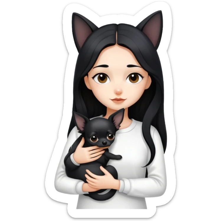 Fair skin girl - long black hair - white clothes - hugging a black chihuahua sticker