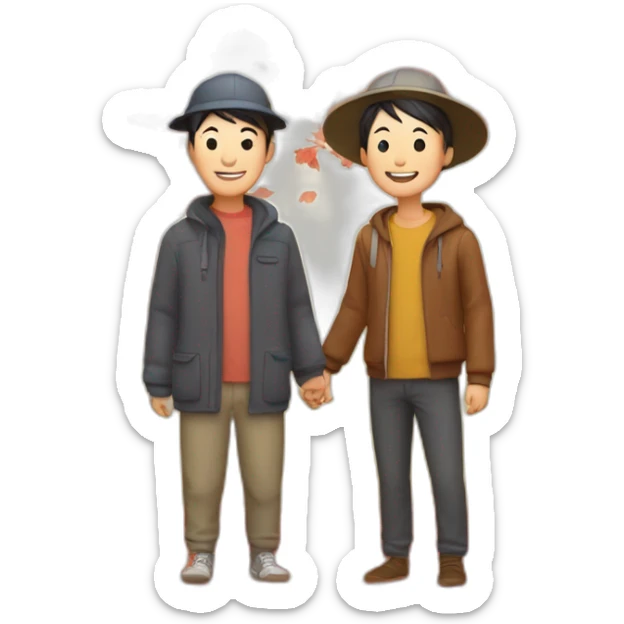 Happy skinny Chinese parents with caps. Standing in a park in front of an red autumn tree sticker