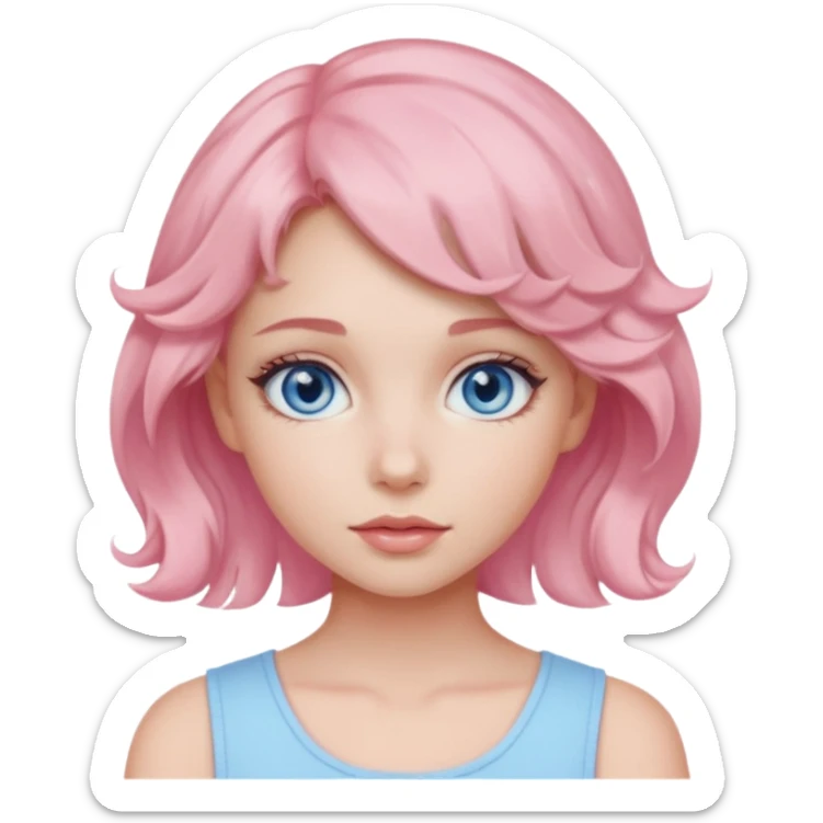 a girl with blue eyes, short pastel pink wavy hair, natural clean girl makeup sticker