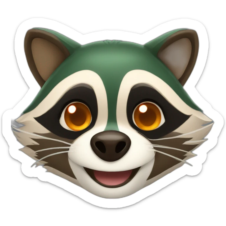 brown raccoon with orange eyes and a dark green hood that is laughing sticker
