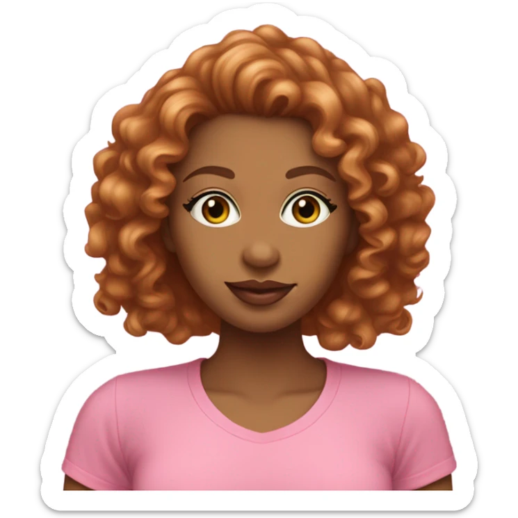 Light brown woman with pink lipstick, eyelashes, small eyes, auburn long curly hair, wearing pink t-shirt with green trim sticker