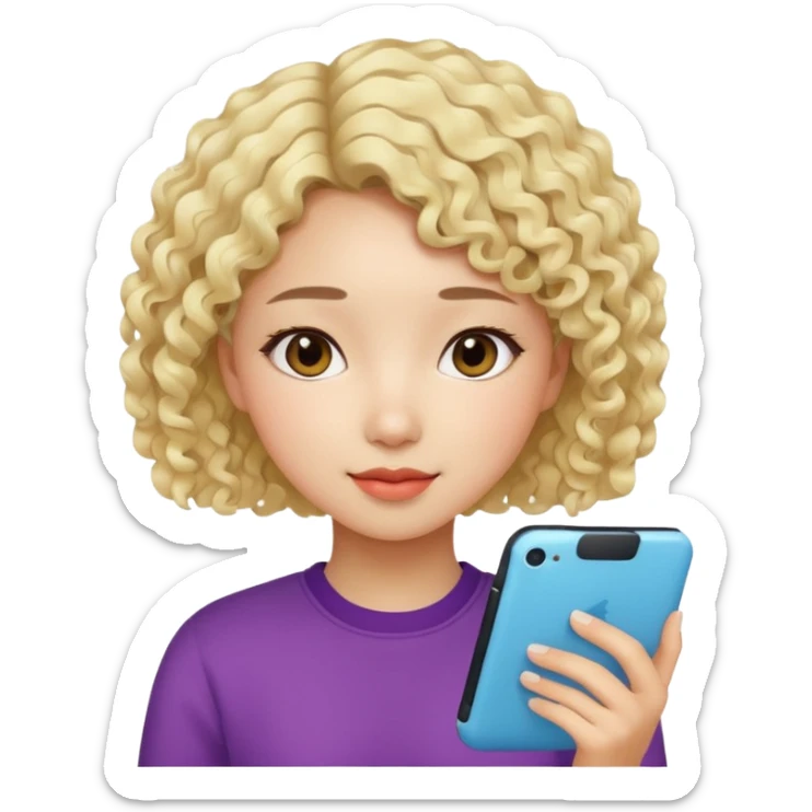 Asian girl, modern, short curly light blonde hair, loves colors, graphic designer sticker