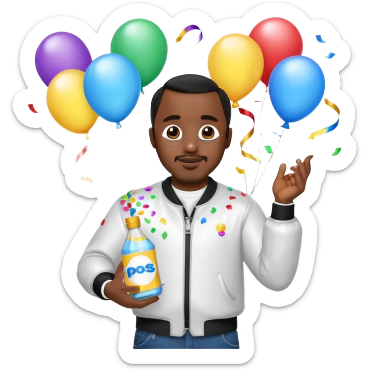 Diddy holding baby oil at a party with balloons and confetti and banners sticker