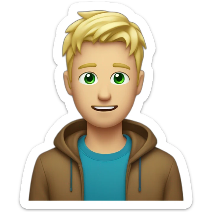 short haired blonde man with flushed face in a brown T-shirt, who has greeny blue eyes who is not smiling because he is flushing, his face is red, he is kinda confused sticker