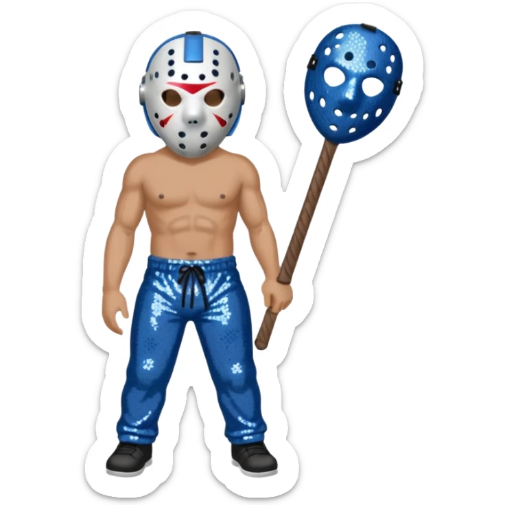 Jason Voorhees with white hockey mask, blue-gray sequin baggy pants, shirtless with necklace sticker