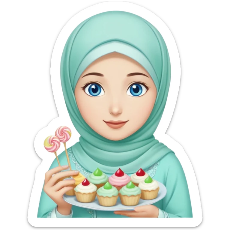 Turkish beautiful finish Konya girl blue eyes with mint hijab islamic dress and had on her hand sweets and celebrating with her friends eid days   sticker