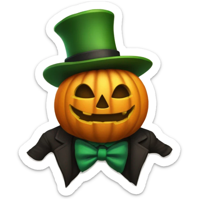 human-like pumpkin, with green arms, brown legs, black tophat, jack o lamtern face with monocle, green bow tie. sticker