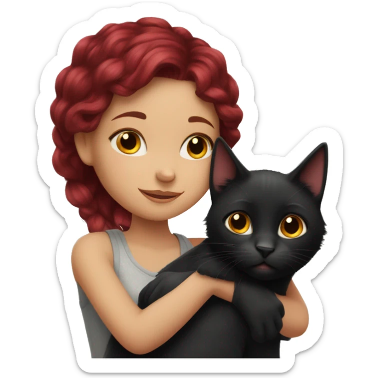 realistic girl with burgundy hair hugs a black cat sticker