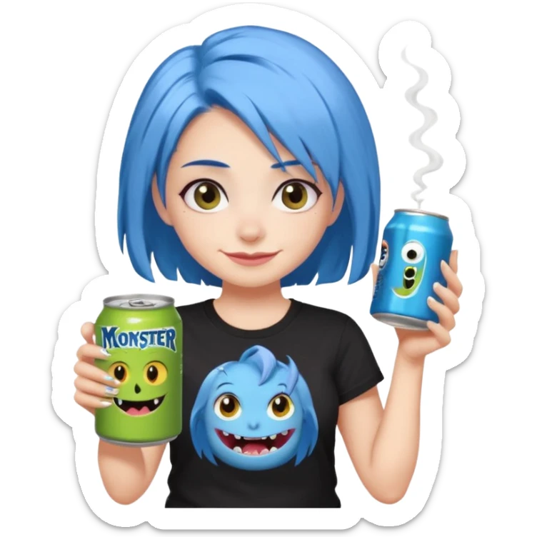 Chibi sticker of a woman with powder blue hair, lower back length, with white eyes hold a can of Monster with a smug smile; cozy cartoon style sticker