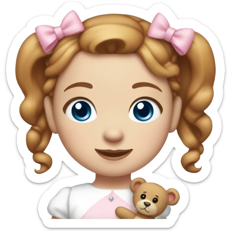 Little Girl with White skin, blue eyes. Light brown and red hair in two ponytails, with light pink bows.  She is wearing a light pink and White dress, standing and holding a teddybear with a pink bow. sticker