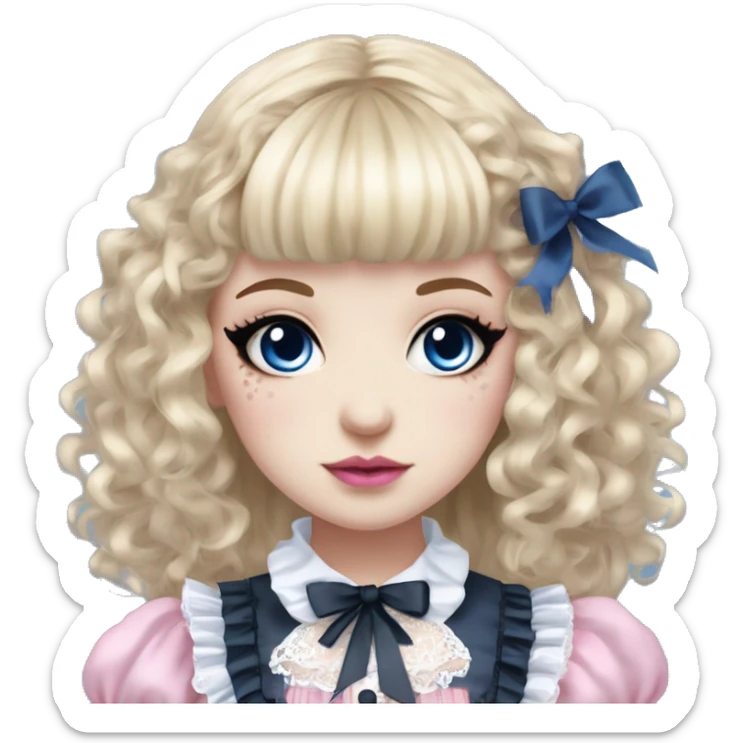 pale woman with blonde curly hair and bangs, pink lips and eyeshadow, long eyelashes, blue eyes, blue Lolita dress with laces and ribbons, gothic Lolita doll look sticker