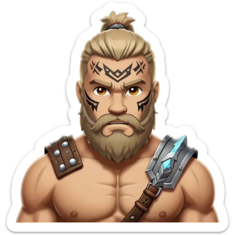 Clash of Clans aesthetic: Cinematic Rugged Barbarian Portrait Emoji, Intense and formidable with a heavily muscled physique, a rugged beard, piercing eyes and battle-worn armor adorned with tribal markings, his complexion a light tan that speaks of hard-fought battles, Simplified yet powerfully detailed features, highly detailed, glowing with a deep, primal energy, high shine, gritty and uncompromising, stylized with an air of raw, untamed power, focused and determined, soft glowing outline, capturing the essence of a barbarian warrior carved by countless battles and poised to lead his clan into epic conflict! sticker
