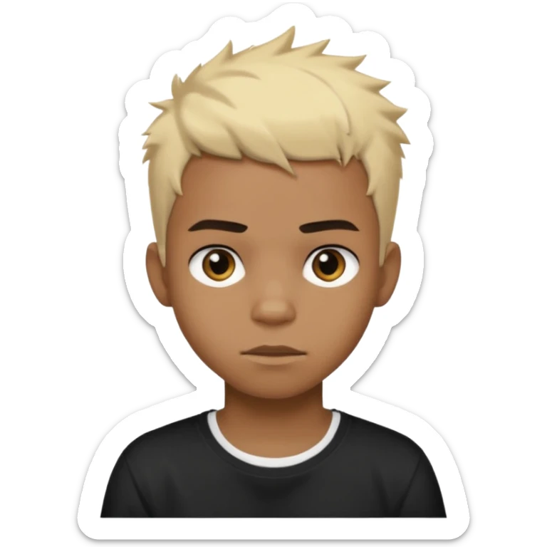 Black Male Teenager with Short punk messy blonde hair, Dark brown bushy eyebrows large expressive golden-brown eyes, wearing a plain white t-shirt, Dark Brown skin color. sticker