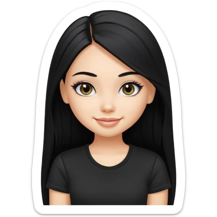 a pretty bratz fair girl with straight long black hair, wearing a black tshirt, smiling, eyeliner on sticker