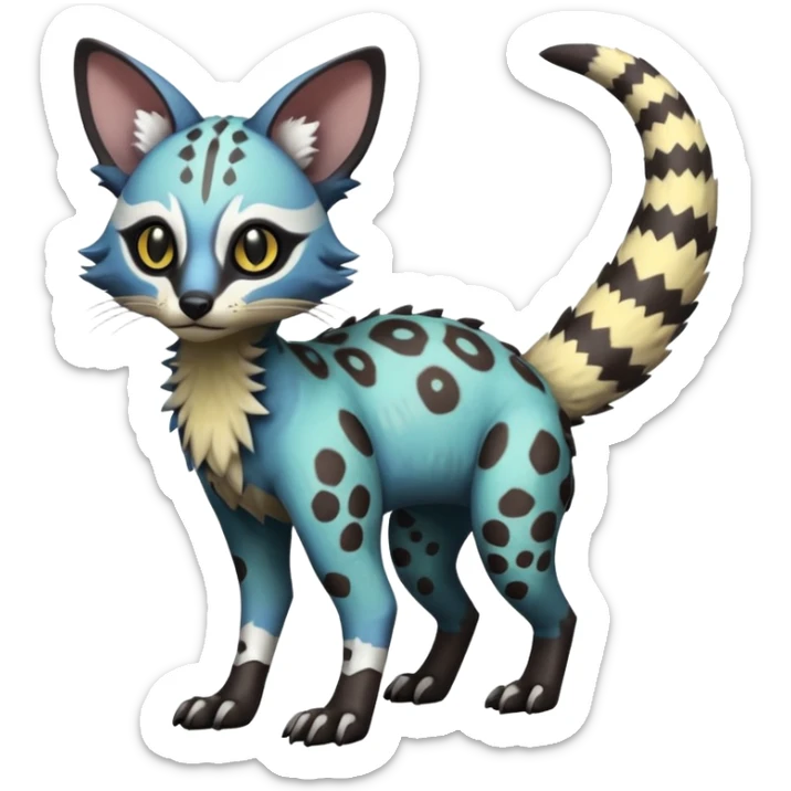 Rare realistic warm-colored lush exotic cute edgy epic futuristic aesthetic gloomy spooky dark modern colorful cyber-Genet-Trico-species-Fakemon-hybrid-creature, with beautiful intricate markings, full body sticker