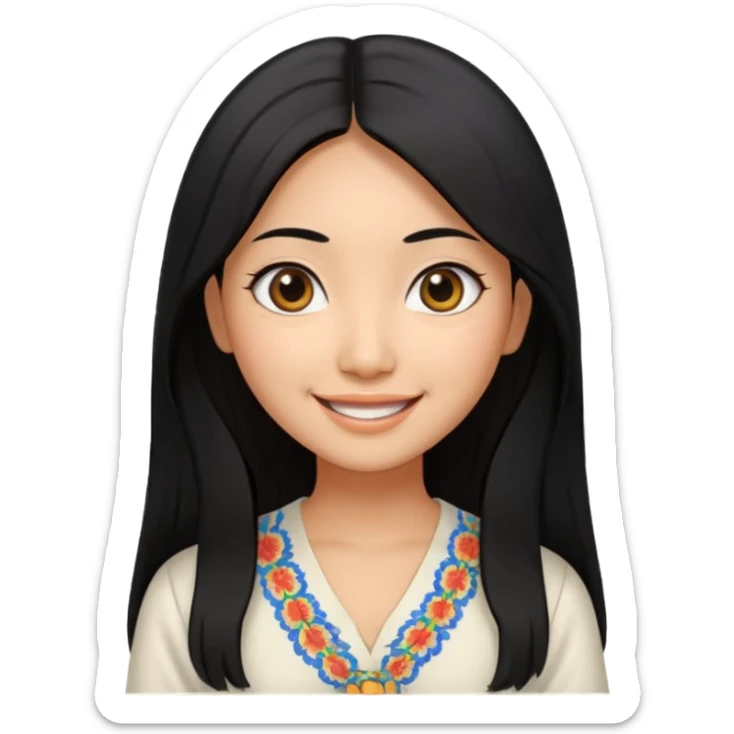 30 yr old asian woman center parted hair big eyes big smile tanned skin straight black hair hippie part hair white blouse sticker