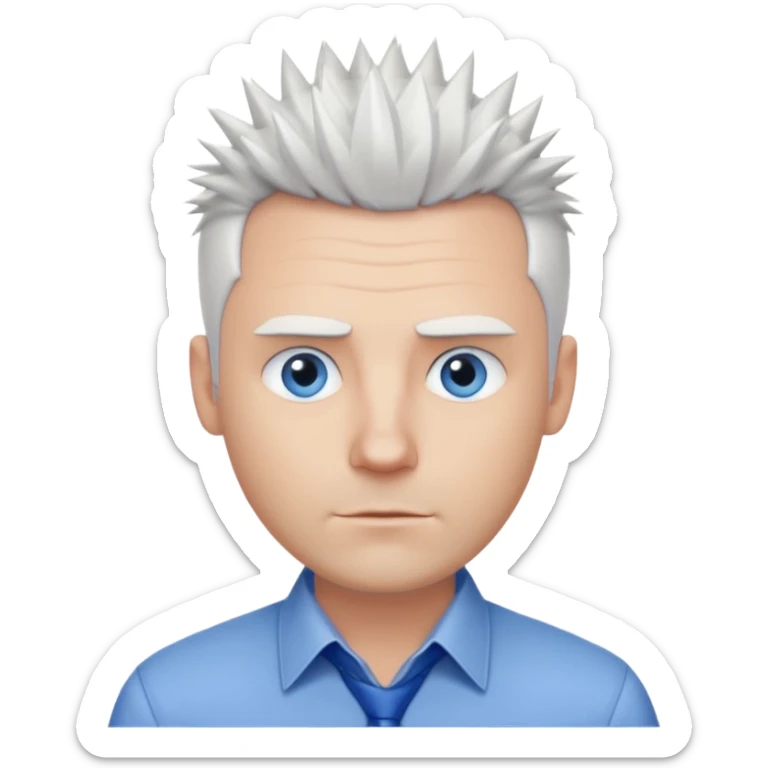 40 yr old white man short white spike hair dress shirt blue eyes no smile sticker