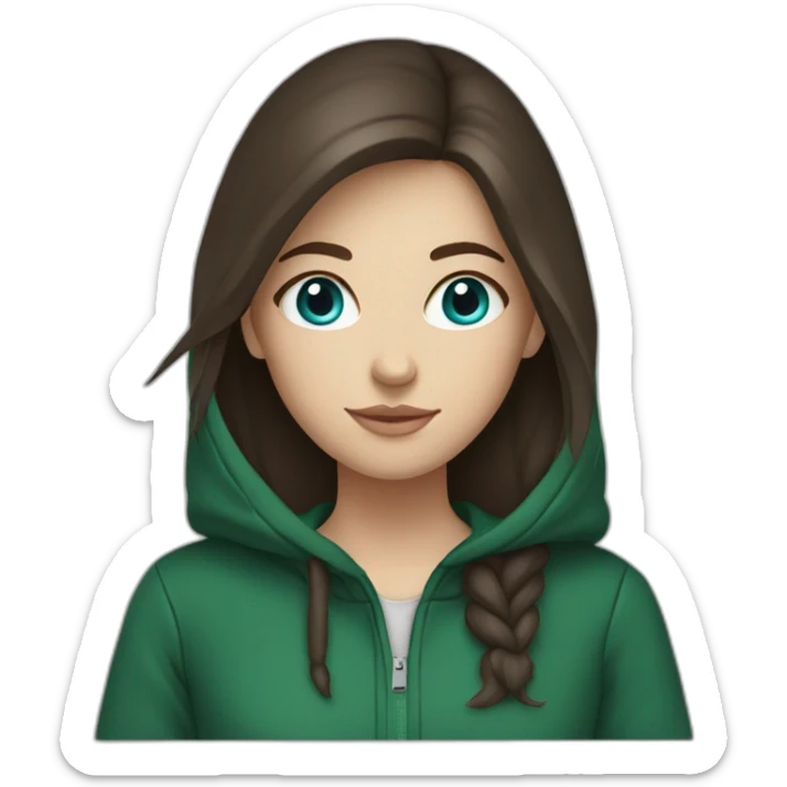 White girl with blue eyes and darkbrown hair wearing a darkgreen hoodie  sticker