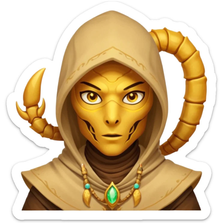 desert sand mage portrait, head and shoulders only, scorpion-themed hood, golden desert jewelry, swirling sand aura, glowing eyes, fantasy vibe, 3D cartoon, mobile game icon style, clean background, no text, no watermark
 sticker