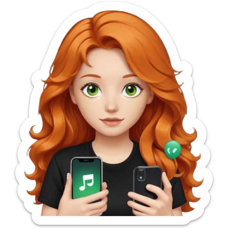 Girl with dark long orange wavy hair, green eyes, and black t-shirt and phone with tiktok app on hand sticker