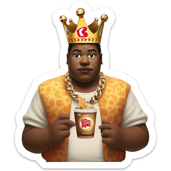 solo portrait with jewelry, but wearing a Burger King crown, smoking a cigarette, and a sumo wrestler eating Mayo in the background sticker