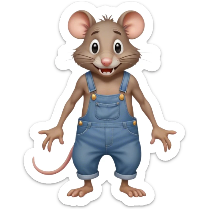 unhappy disheveled dizzy cartoon hillbilly rat wearing overalls no shirt. standing and talking full body. human eyes. teeth showing talking. walking talking moving arms. reacting upset sticker