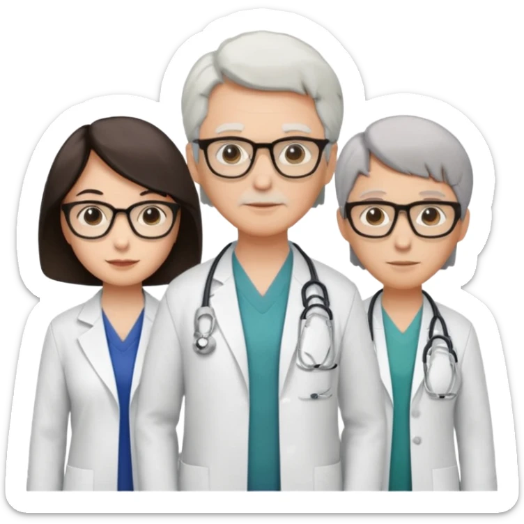 Four doctors standing together:

a female doctor with dark-colored short bob hair,

a young male doctor,

an older male doctor with white hair wearing glasses,

and a female doctor wearing glasses. sticker