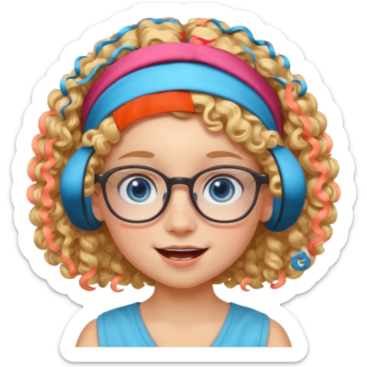 blond kid with unique face features and very curly hair kid girl happy and big glasess and big nose and very blue eyes and headband with freckles kind of nerd looking sticker