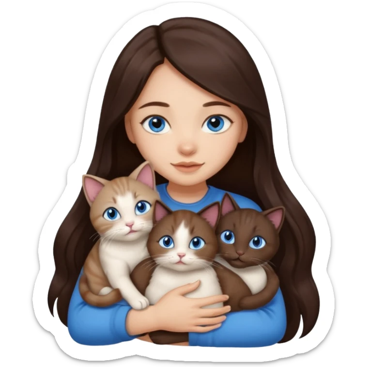 a pretty girl with long dark 
brown hair, with blue eyes, hugs 3 different natural coloured small cats sticker