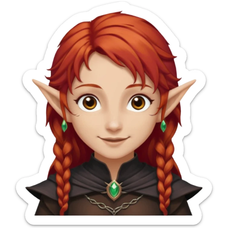 Bruxa meio elfa, ruivo forte (acobreado puxado pro castanho escuro) olhos escuros, e sorrindo 🧝🏻‍♀️ nesaa pegada desse emoji ai, e branca não muito branca tbm sticker