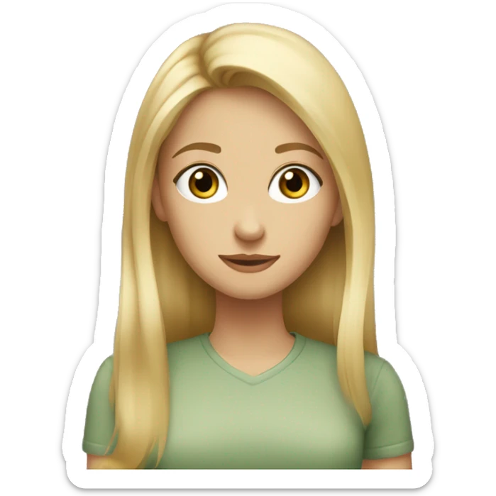 girl with long blonde hair, hazel eyes, long eyelashes, wearing a sage green shirt sticker