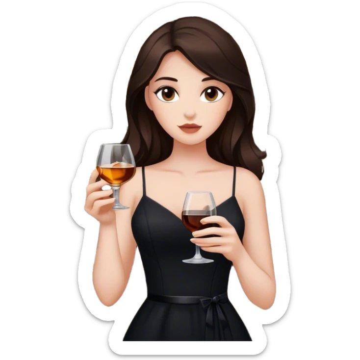 Beautiful woman in 1950’s woman fashion look, black dress, long dark brown hair, whisky with ice sticker