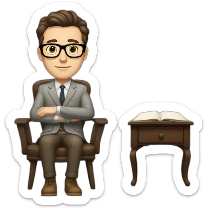 Pale skinned Fit Man With dark brown hair in gray jacket, beige office shirt, Brown pants and vintage glasses sitting In a soft chair with a notebook on spring with emblem Ψ and a pen sticker