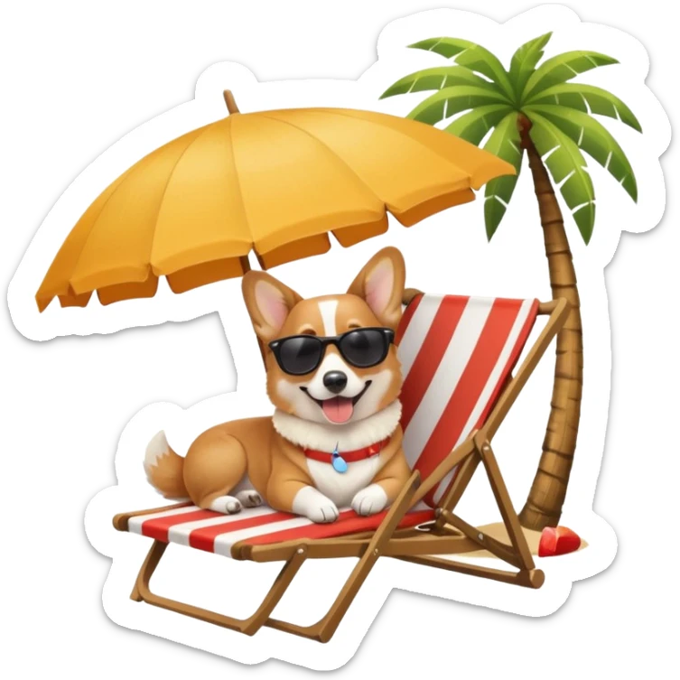 a corgi dog laied on a beach chair, a sunny beach, a sun umbrella, and beach coconut trees. the icon should capture the essence of a relaxing beach vacation with a carefree atmosphere sticker