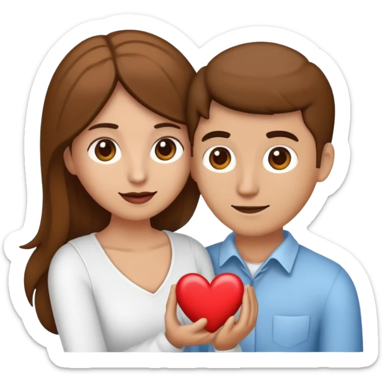 Emoji de una pareja abrazándose con corazones blancos al rededor, la mujer de piel clara con cabello castaño y largo, y el hombre solo un poco más oscuro de piel (mestizo claro) y su cabello castaño oscuro sticker
