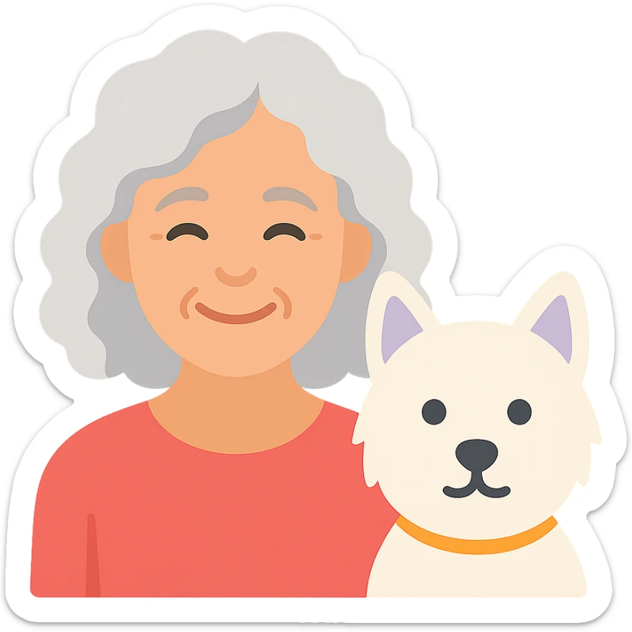 50-year-old pretty lady with silver curly hair, smiling, with a Westie dog, color icon sticker